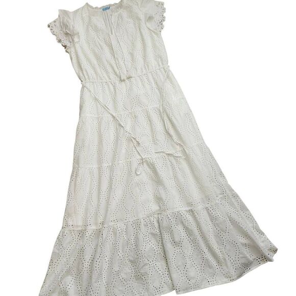 J McLaughlin Maxi Dress Large Elana White Eyelet Layered Beach Vacation Cruise - Picture 3 of 8